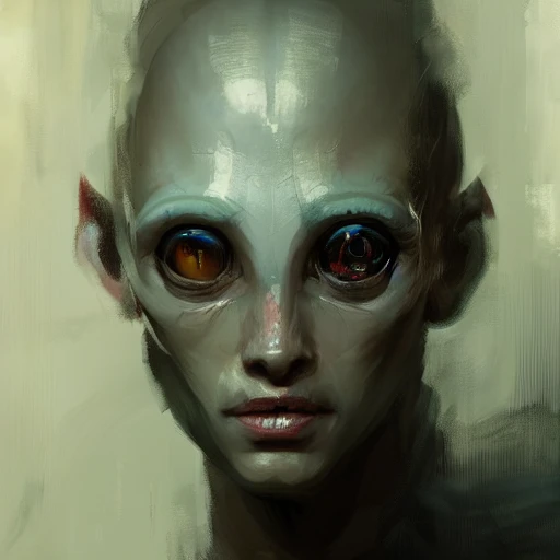 Professional portrait of a humanoid alien with big eyes and exoskeleton features, by Jeremy Mann, Rutkowski, Dang My Linh, and other Artstation illustrators, intricate details, face, portrait, headshot, illustration, UHD, 4K
