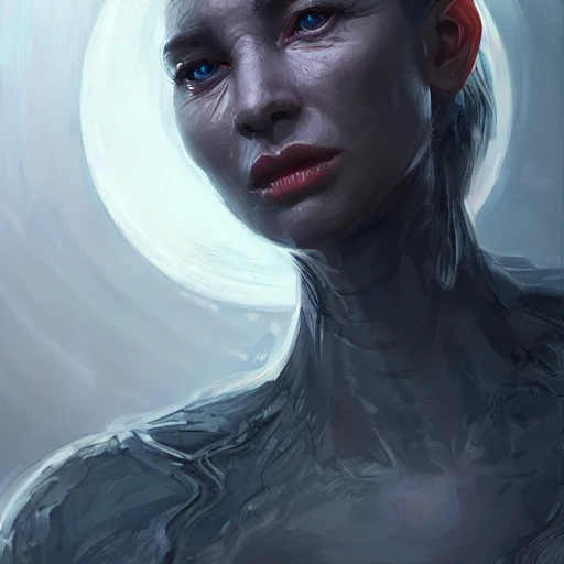 Professional portrait of an attractive humanoid alien with big reptilian eyes and exoskeleton features, by Dang My Linh, Jeremy Mann, Rutkowski and other Artstation illustrators, intricate details, face, portrait, headshot, illustration, UHD, 4K