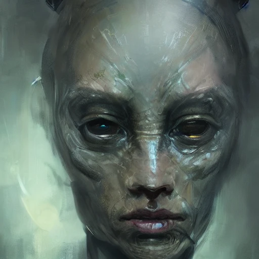 Professional portrait of an attractive humanoid alien with big reptilian eyes and exoskeleton features, by Jeremy Mann, Rutkowski, Surikov, and other Artstation illustrators, intricate details, face, portrait, headshot, illustration, UHD, 4K