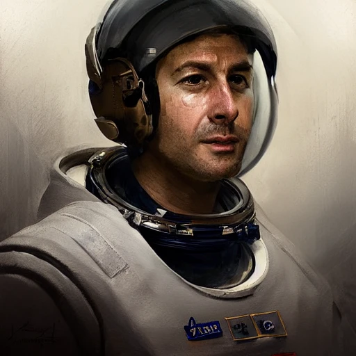 Professional portrait of a Greek astronaut by Jeremy Mann, Rutkowski and other Artstation illustrators, intricate details, face, portrait, headshot, illustration, UHD, 4K
