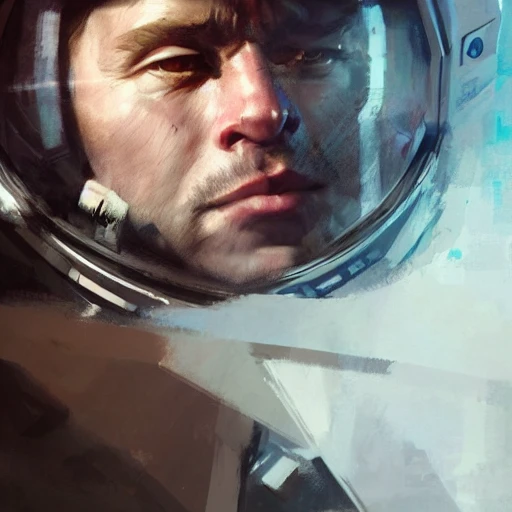 Professional portrait of a handsome astronaut by Jeremy Mann, Rutkowski and other Artstation illustrators, intricate details, face, portrait, headshot, illustration, UHD, 4K