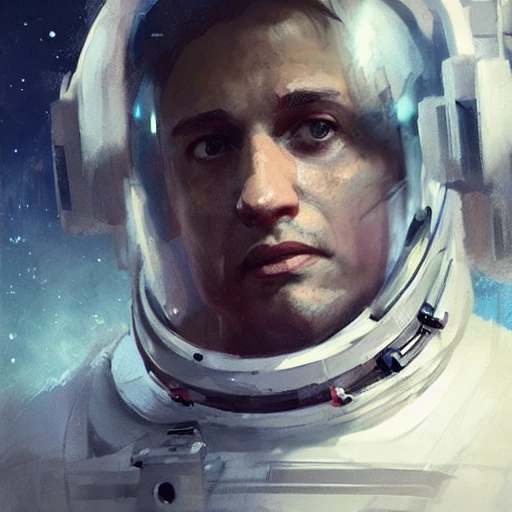 Professional portrait of a handsome astronaut by Jeremy Mann, Rutkowski and other Artstation illustrators, intricate details, face, portrait, headshot, illustration, UHD, 4K