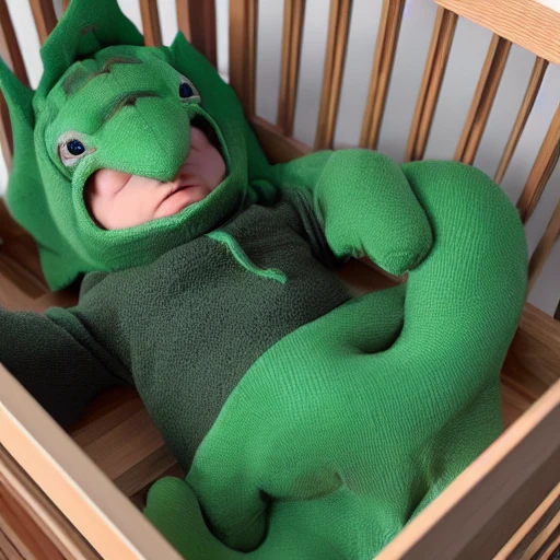 baby dragonborn sleeping in wooden crib, dark green scaly body, with diaper on,

, 3D, Cartoon