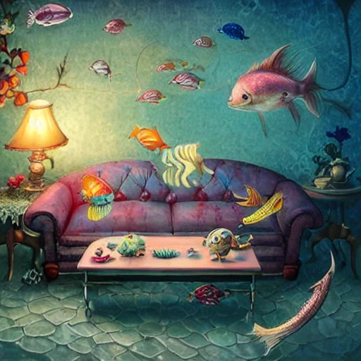 Very detailed whimsical cute underwater living room, a fish wearing reading glasses sitting on the couch reading a newspaper, joyful, happy, d&d, whimsical, fantasy, vibrant colors, hyperrealism delicate detail complex, ultra smooth, octane render, pop surrealism art by Mark Ryden and Anna Dittmann,smooth,fantasy,very attractive, beautiful, award winning,Surrealism