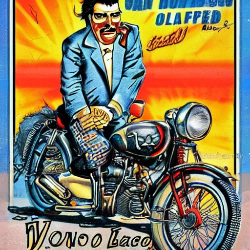 Von Franco character bulging eyes riding a motorcycle dream surrealism vintage, pulp fiction, Cartoon