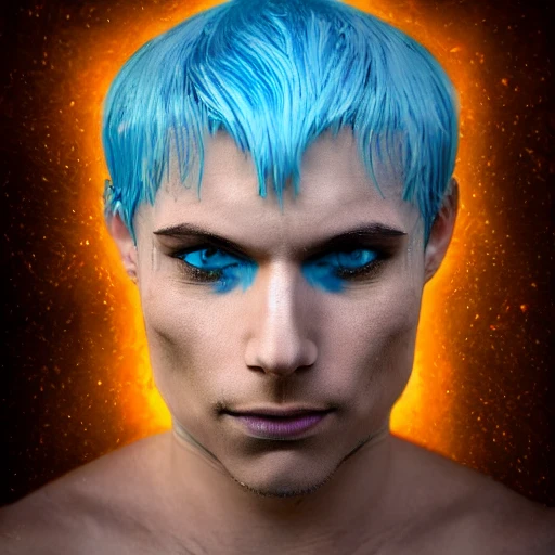 man with blue hair and yellow eyes mystic, epic, perfect body, perfect hands, perfect face, face, detailed, high resolution, HDR, dark mystery glow, sharp focus, 8k, 3D, hyper detail, fantasy style concept, cinema lights photo bashing epic cinematic octane rendering extremely high detail post processing 8k denoise