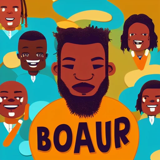 professional high quality illustration, boucar diouf, happy african, center face men, frissy hair, very high detailled, 8k resolution, cinematic lighting