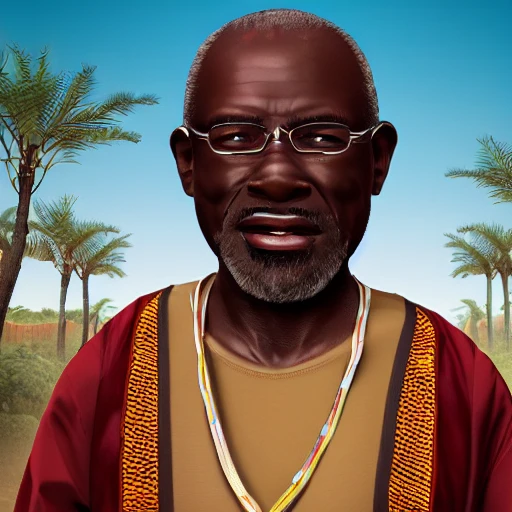 professional high quality illustration, boucar diouf, happy old african, center face men, frissy black hair, very high detailled, 8k resolution, cinematic lighting