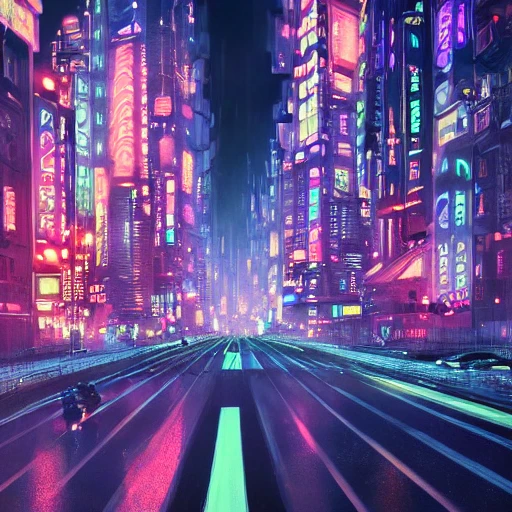 A beautiful neon cyberpunk city street at night, apartment, skys ...