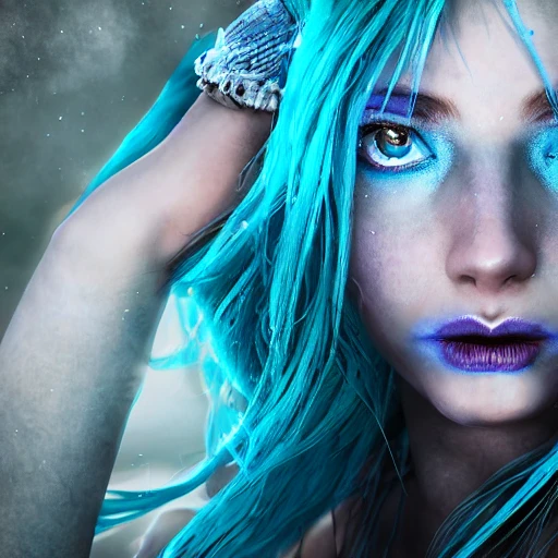 girl with blue hair full screen mystic, epic, perfect witch body, perfect hands, perfect face, face, detailed, high resolution, HDR, dark mystery glow, sharp focus, 8k, 3D, hyper detail, fantasy style concept, cinema lights photo bashing epic cinematic octane rendering extremely high detail post processing 8k denoise