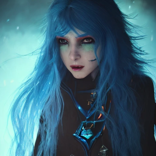 full length blue hair warlock, perfect hands, perfect face, face, detailed, high resolution, HDR, dark mystery glow, sharp focus, 8k, 3D, hyper detail, fantasy style concept, cinema lights photo bashing epic cinematic octane rendering extremely high detail post processing 8k denoise