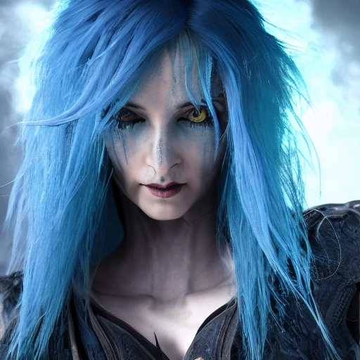 full length blue hair warlock, perfect hands, perfect face, face, detailed, high resolution, HDR, dark mystery glow, sharp focus, 8k, 3D, hyper detail, fantasy style concept, cinema lights photo bashing epic cinematic octane rendering extremely high detail post processing 8k denoise