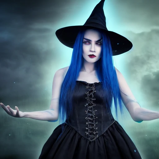full length portrait я witch with blue straight hair mystic, epic, perfect body, perfect hands, perfect face, face, detailed, high resolution, HDR, dark mystery glow, sharp focus, 8k, 3D, hyper detail, fantasy style concept, cinema lights photo bashing epic cinematic octane rendering extremely high detail post processing 8k denoise