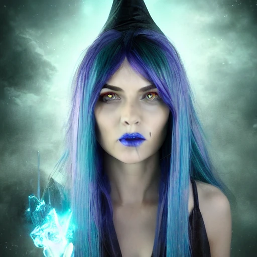 full length portrait я witch with blue straight hair mystic, epic, perfect body, perfect hands, perfect face, face, detailed, high resolution, HDR, dark mystery glow, sharp focus, 8k, 3D, hyper detail, fantasy style concept, cinema lights photo bashing epic cinematic octane rendering extremely high detail post processing 8k denoise