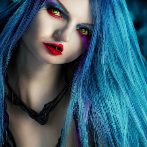 full length portrait, witch with blue straight hair mystic, epic, perfect body, perfect hands, perfect face, face, detailed, high resolution, HDR, dark mystery glow, sharp focus, 8k, 3D, hyper detail, fantasy style concept, cinema lights photo bashing epic cinematic octane rendering extremely high detail post processing 8k denoise