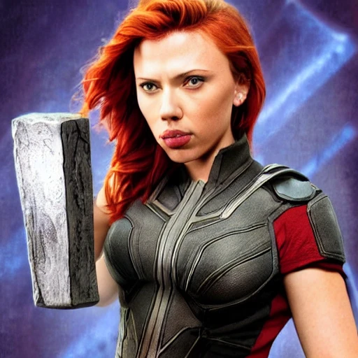 Scarlet johansson holding mjolnir, real photo, 3D