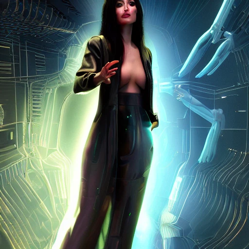 beauty young spanish woman with long black hair robotic hands, interacting with a holographic interface of alien artifacts, electrical case display, Terminator tech, ultrarealistic, dramatic lighting, electrical details, high details, 4k, 8k, best, accurate, trending on artstation, artstation, photorealism,naked, ultrarealistic, digital painting, style of Peter Mohrbacher, Caravaggio, Hajime Sorayama and Boris Vallejo,3d, Trippy