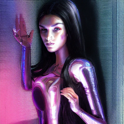 beauty young spanish woman with long black hair robotic hands, interacting with a holographic interface of alien artifacts, electrical case display, Terminator tech, ultrarealistic, dramatic lighting, electrical details, high details, 4k, 8k, best, accurate, trending on artstation, artstation, photorealism,naked, ultrarealistic, digital painting, style of Peter Mohrbacher, Caravaggio, Hajime Sorayama and Boris Vallejo,3d,
