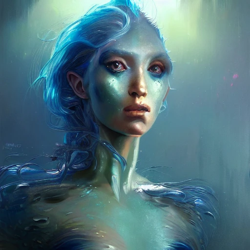 Professional painting of a humanoid alien with exotic aquatic features, alien mermaid, by Jeremy Mann, Rutkowski, and other Artstation illustrators, intricate details, face, portrait, headshot, illustration, UHD, 4K