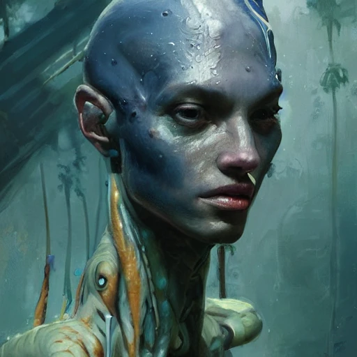 Professional painting of a humanoid alien with exotic aquatic features, by Jeremy Mann, Rutkowski, and other Artstation illustrators, intricate details, face, portrait, headshot, illustration, UHD, 4K