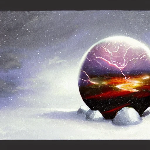 a snow globe with a lightning storm inside. Atmospheric, beautiful oil painting trending on artstation. Rich colors, dramatic lighting