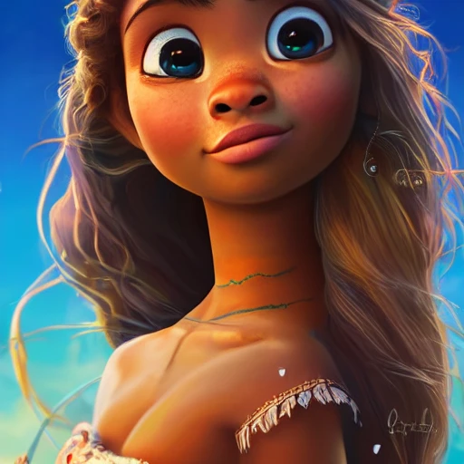 8k rendered ultra cute, intricate details, hyper detailed, vivid colors, tan skin with cute blue eyes, hyper realistic, cinematic, well rendered, royalty, extreme portrait, 3d art, soulful octane polished a stunning rendition of an adorable cute happy island girl with, in the style of Moana with black wavy hair, sunset background in the style of Charlie Bowater