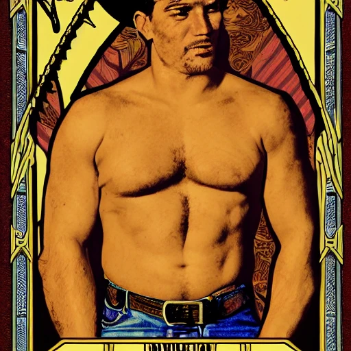 tarot card of a shirtless cowboy, dad bod, homoerotic, art deco, art nouveau, trending on artstation 