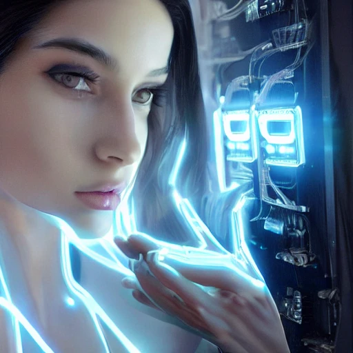 Upvote
Downvote
beauty young spanish woman with long black hair robotic hands, interacting with a holographic interface of alien artifacts, electrical case display, Terminator tech, ultrarealistic, dramatic lighting, electrical details, high details, 4k, 8k, best, accurate, trending on artstation, artstation, photorealism,naked, ultrarealistic, digital painting, style of Peter Mohrbacher, Caravaggio, Hajime Sorayama and Boris Vallejo,3d, Trippy
