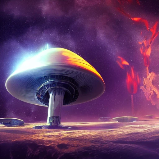 explosion mushroom atomique in Space with starship alien detailed matte painting, deep color, fantastical, intricate detail, splash screen, complementary colors, fantasy concept art, 8k resolution