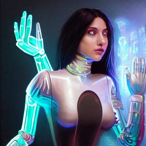 Upvote
Downvote
beauty young spanish woman with long black hair robotic hands, interacting with a holographic interface of alien artifacts, electrical case display, Terminator tech, ultrarealistic, dramatic lighting, electrical details, high details, 4k, 8k, best, accurate, trending on artstation, artstation, photorealism,naked, ultrarealistic, digital painting, style of Peter Mohrbacher, Caravaggio, Hajime Sorayama and Boris Vallejo,3d, Trippy
