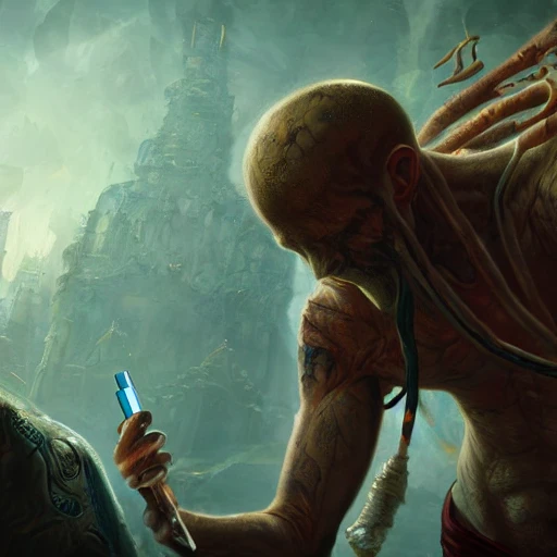 human drug addict giving an injection in his arm detailed matte painting, deep color, fantastical, intricate detail, splash screen, complementary colors, fantasy concept art, 8k resolution