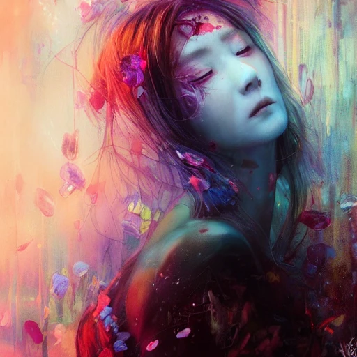 Woman, portrait by ruan jia and miho hirano, colorful and vibrant, majestic, open wide eyes, tear drops, flowers on hair, glowing light orbs, intricate concept art, elegant, digital painting, smooth, sharp focus, ethereal opalescent mist, outrun, vaporware, cyberpunk darksynth, ethereal, ominous, misty, 8 k, rendered in octane 