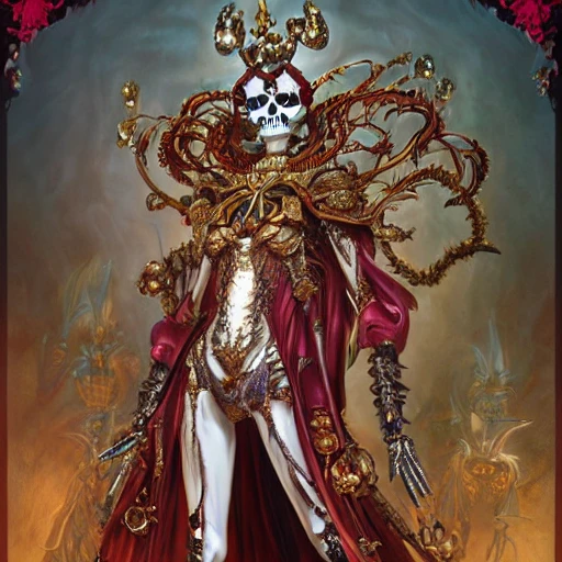 hyperdetailed beautiful androgynous lich skeleton made of iridescent metals and shiny gems, covered with blood, long red hair, golden necklace, regal ancient skeleton inspired by ross tran and slaanesh and wlop and masamune shirow, greg rutkowski, alphonse mucha, dnd digital art by artgerm, ultra realistic, concept art, intricate, octane render, 8 k, hdr 