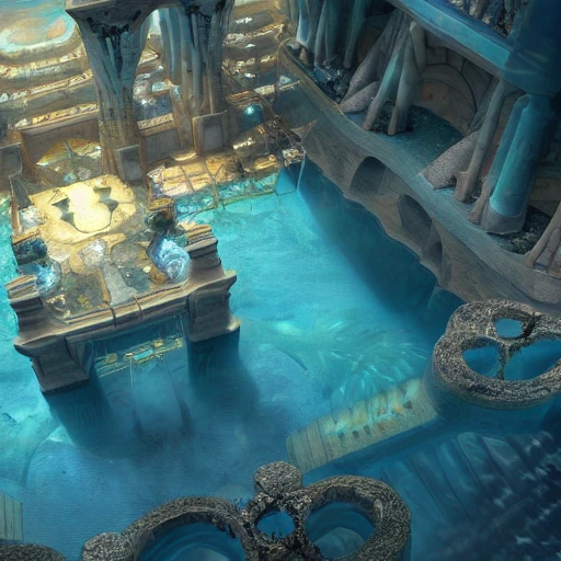 a beautiful painting of Atlantis，The bottom of the sea palace，Dream,unreal engine.