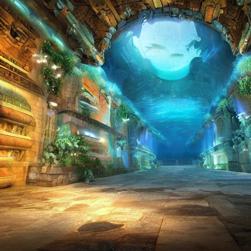 a beautiful painting of Atlantis，The bottom of the sea palace，Dream,unreal engine.