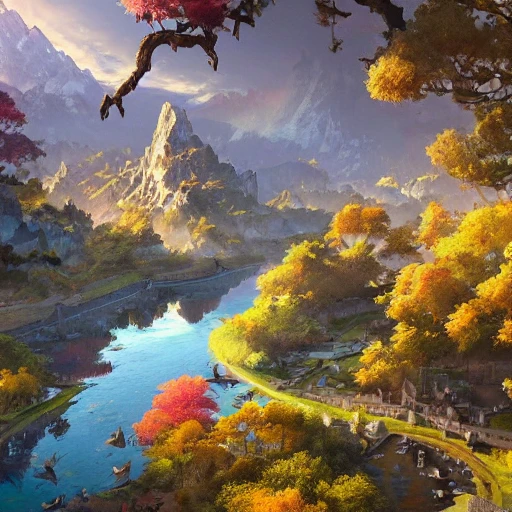 a birds eye view overlooking an ancient fantasy city surrounded by mountains and trees of greens and browns, rivers and lakes by Jordan Grimmer, Asher Brown Durand and Ryan Dening, 8k, artstation, beautiful color pallette