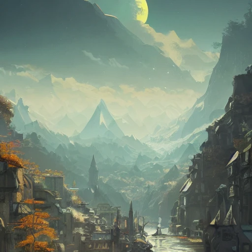 Authentic illustrations of different cities in The Lord of the Rings,Magnificent super wide angle,high quality, 8k,high resolution, city landscape, side scrolling, Rule of Thirds, 4K, Retrofuturism,by makoto shinkai,Anton Fadeev, thomas kinkade,greg rutkowski