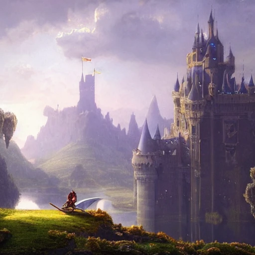 beautiful matte art of a big castle in a serene landscape, a knight riding a dragon, by albert bierstadt, green grass, highly detailed, crystal lighting, mystical, forest, hyperrealistic, 4 k, unreal engine, magical, by joe fenton, by greg rutkowski, by greg tocchini, by kaws, by kate beaton, by kaethe butcher