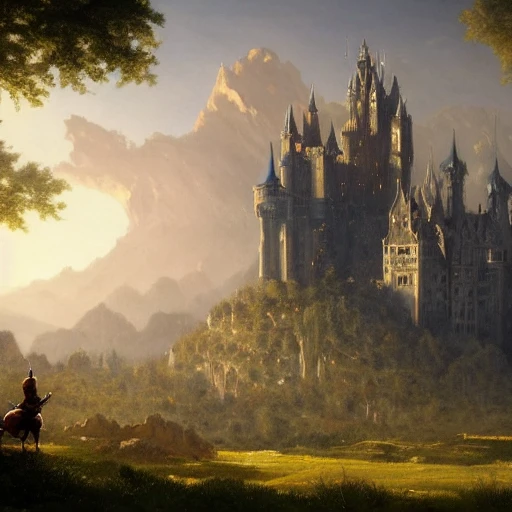 beautiful matte art of a big castle in a serene landscape, a knight riding a dragon, by albert bierstadt, green grass, highly detailed, crystal lighting, mystical, forest, hyperrealistic, 4 k, unreal engine, magical, by joe fenton, by greg rutkowski, by greg tocchini, by kaws, by kate beaton, by kaethe butcher