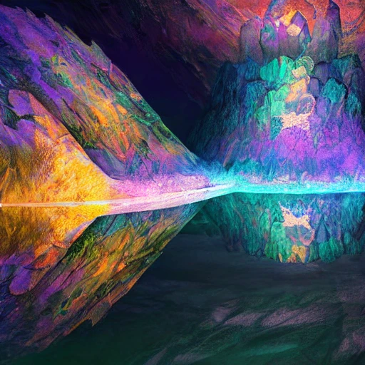 a ultradetailed beautiful concept art of the crystal formation of the prismatic crystal of hope is filled with the wonderful colors of the emotion around it in a forgotten cave lighten by the moon light and reflecting on the surface of a quiet lake, concept art, high resolution 4 k, by artgeem 