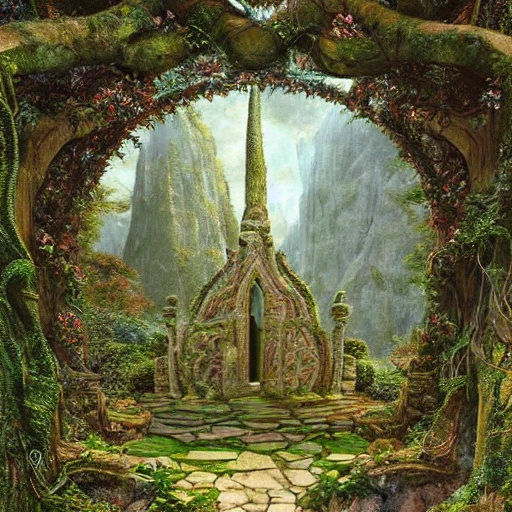 a beautiful and highly detailed matte painting of an elven temple in a magical fantasy garden in a lush forest in the mystical mountains, celtic knots, carved runes, intricate details, epic scale, insanely complex, 8 k, sharp focus, hyperrealism, very realistic, by caspar friedrich, albert bierstadt, james gurney, brian froud, 