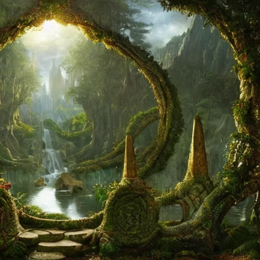 a beautiful and highly detailed matte painting of an elven temple in a magical fantasy garden in a lush forest in the mystical mountains, celtic knots, carved runes, intricate details, epic scale, insanely complex, 8 k, sharp focus, hyperrealism, very realistic, by caspar friedrich, albert bierstadt, james gurney, brian froud, 