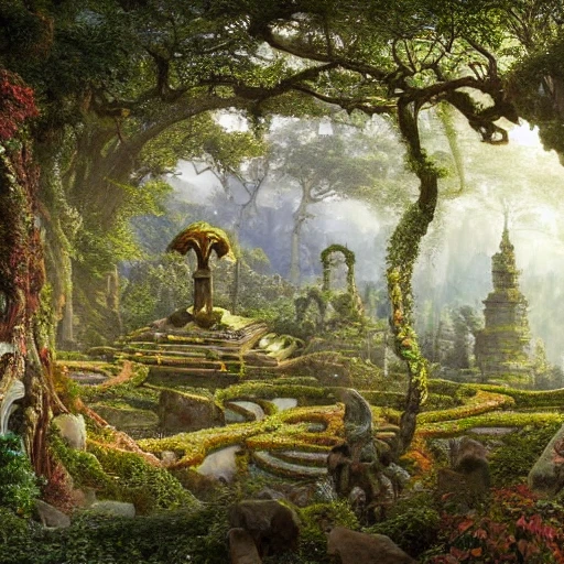 a beautiful and highly detailed matte painting of an elven temple in a magical fantasy garden in a lush forest in the mystical mountains, celtic knots, carved runes, intricate details, epic scale, insanely complex, 8 k, sharp focus, hyperrealism, very realistic, by caspar friedrich, albert bierstadt, james gurney, brian froud, 