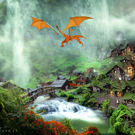 a dragon flying over medieval hobbit homes, ornate, beautiful, atmosphere, vibe, mist, smoke, chimney, rain, well, wet, pristine, puddles, waterfall, clear stream, bridge, orange, green, stained glass, forest, flowers, concept art illustration, color page, 4 k, tone mapping, doll, akihiko yoshida, james jean, andrei riabovitchev, marc simonetti, yoshitaka amano, digital illustration, greg rutowski, volumetric lighting, sunbeams, particles, rembrandt 