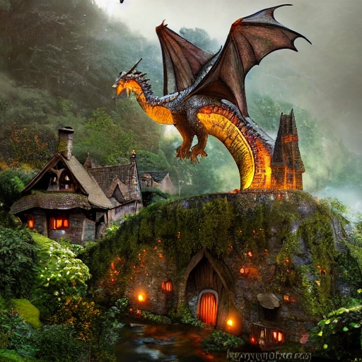 a dragon flying over medieval hobbit homes, ornate, beautiful, atmosphere, vibe, mist, smoke, chimney, rain, well, wet, pristine, puddles, waterfall, clear stream, bridge, orange, green, stained glass, forest, flowers, concept art illustration, color page, 4 k, tone mapping, doll, akihiko yoshida, james jean, andrei riabovitchev, marc simonetti, yoshitaka amano, digital illustration, greg rutowski, volumetric lighting, sunbeams, particles, rembrandt 