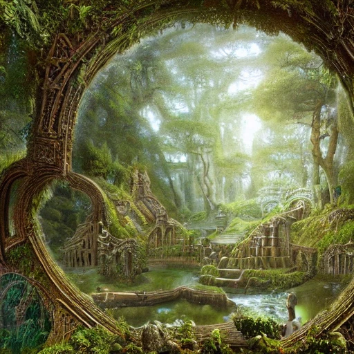 a beautiful and highly detailed matte painting of an elven temple in a magical fantasy garden in a lush forest in the mystical mountains, celtic knots, carved runes, intricate details, epic scale, insanely complex, 8 k, sharp focus, hyperrealism, very realistic, by caspar friedrich, albert bierstadt, james gurney, brian froud, 