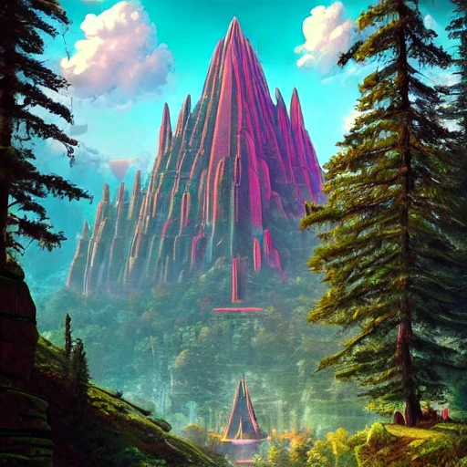 futuristic temple carved into a mountain side, big green trees, colorful clouds, dramatic lighting, artstation, matte painting, raphael lacoste, simon stalenhag, frank lloyd wright 