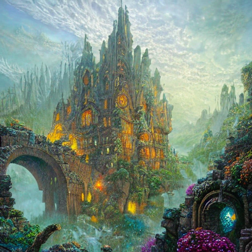 intricate detailed misty valley of ruins fantasy at dawn. Lisa Frank, james gurney,dan luvisi,Petros Afshar,tim hildebrandt,liam wong,Mark Riddick,thomas kinkade,ernst haeckel,dan mumford,trending on artstation,josephine wall, WLOP ,cgsociety by Gediminas Pranckevicius, trending on cgsociety and DeviantArt