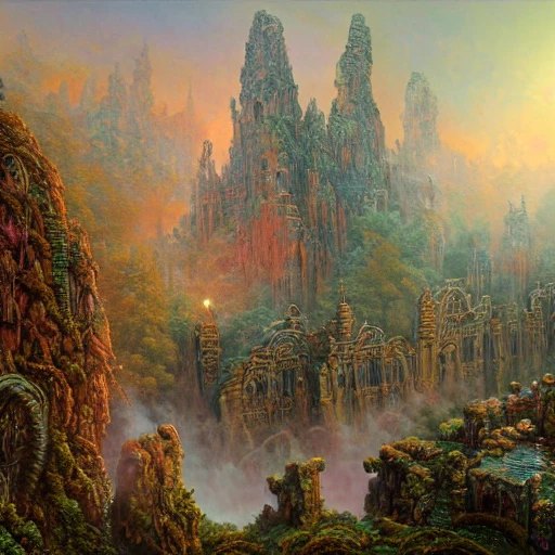 intricate detailed misty valley of ruins fantasy at dawn. Lisa Frank, james gurney,dan luvisi,Petros Afshar,tim hildebrandt,liam wong,Mark Riddick,thomas kinkade,ernst haeckel,dan mumford,trending on artstation,josephine wall, WLOP ,cgsociety by Gediminas Pranckevicius, trending on cgsociety and DeviantArt