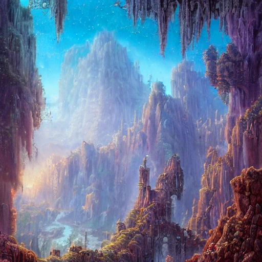 intricate detailed misty valley of ruins fantasy at dawn. Lisa Frank, james gurney,dan luvisi,Petros Afshar,tim hildebrandt,liam wong,Mark Riddick,thomas kinkade,ernst haeckel,dan mumford,trending on artstation,josephine wall, WLOP ,cgsociety by Gediminas Pranckevicius, trending on cgsociety and DeviantArt